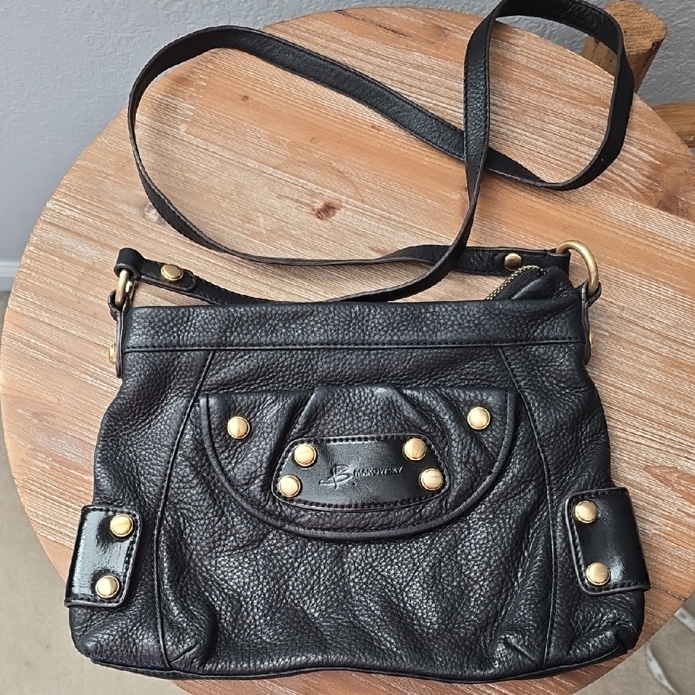 b. makowsky Black Leather Crossbody Bag with Gold Accents
